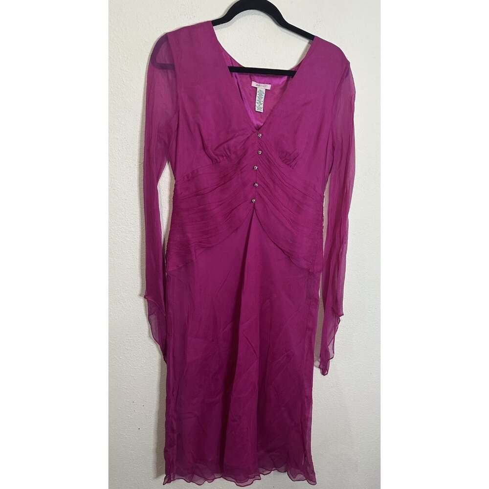 Jane Street Magenta Silk Sheer Long Sleeve Ruched A-Line Midi Dress Size 10